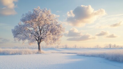 A snowy meadow features a lone tree standing peacefully beneath soft clouds, capturing the calmness of a winter afternoon