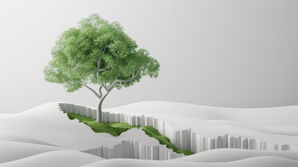 Obraz premium A single tree stands tall on a hill of white fabric, symbolizing growth, resilience, and hope amidst uncertainty.