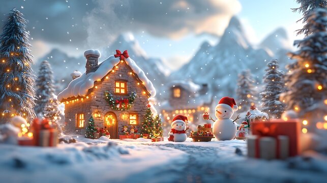 Charming Christmas Day scene with animated characters exchanging gifts enjoying festive meals and snowy surroundings