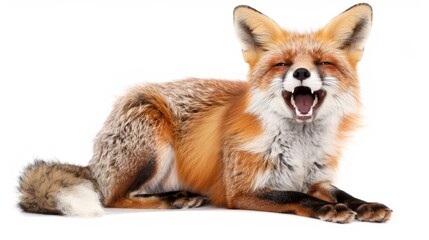 Obraz premium A red fox with a mischievous grin, its eyes closed and mouth wide open, lies down on a white background. The image symbolizes playfulness, joy, and a sense of humor, showcasing the fox's charming pers
