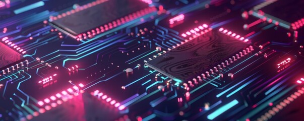 Fototapeta premium Abstract digital circuit board with glowing neon lights.