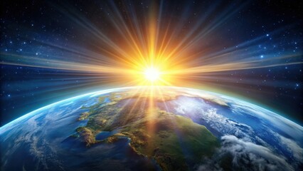 Fototapeta premium Sun shining bright over Earth, Earth, sun, space, planet, sunlight, solar system, astronomy, celestial, orbit, universe, galaxy, light