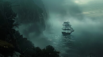 Fototapeta premium A ship sails towards a mysterious cliff shrouded in fog, symbolizing adventure, exploration, uncertainty, and the unknown.