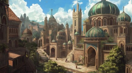 Oil painting cathedrals in medieval city stone buildings blue sky white clouds