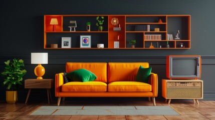 Mid-century modern living room with orange sofa, wooden shelves and vintage TV.