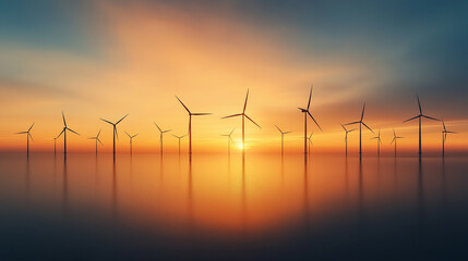 Obraz premium A large group of wind turbines are lined up on a body of water