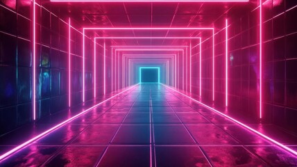 Retroinspired tunnel with neon lights, 80s aesthetic, dynamic grid lines, abstract tunnel...