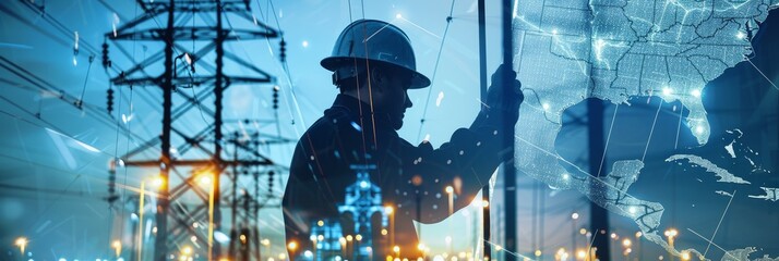 A silhouette of an electrical engineer working on a power grid, with a map of the United States and a city skyline in the background, symbolizing power, infrastructure, connectivity, progress, and the