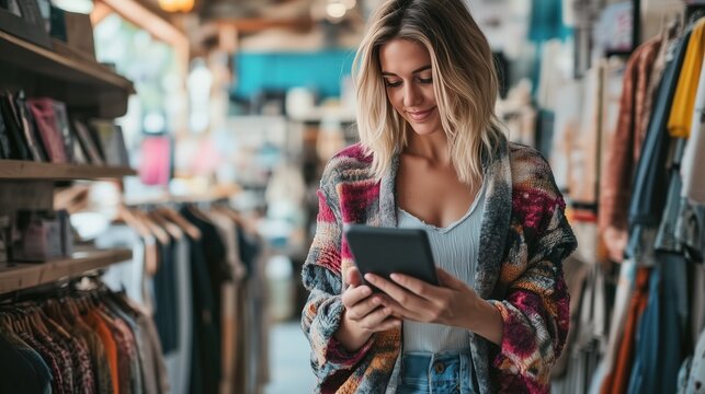 Female shop owner looking at tablet business analysis data clothes retail shop in shopping mall Caucasian woman