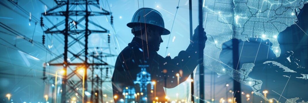 A silhouette of an electrical engineer working on a power grid, with a map of the United States and a city skyline in the background, symbolizing power, infrastructure, connectivity, progress, and the