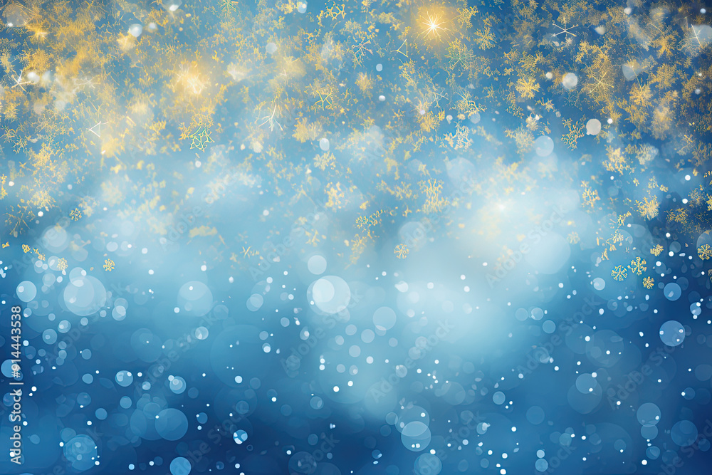 Poster Blue background with silver and gold snowflake particles and blurred bokeh sparkles
