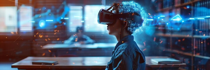 A student wearing a VR headset explores an immersive learning experience in a library, representing the future of education and technological advancements.