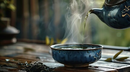 A teapot pours hot tea into a blue bowl, creating steam and a sense of tranquility. The tea is poured over loose tea leaves, symbolizing relaxation, tradition, and mindfulness.
