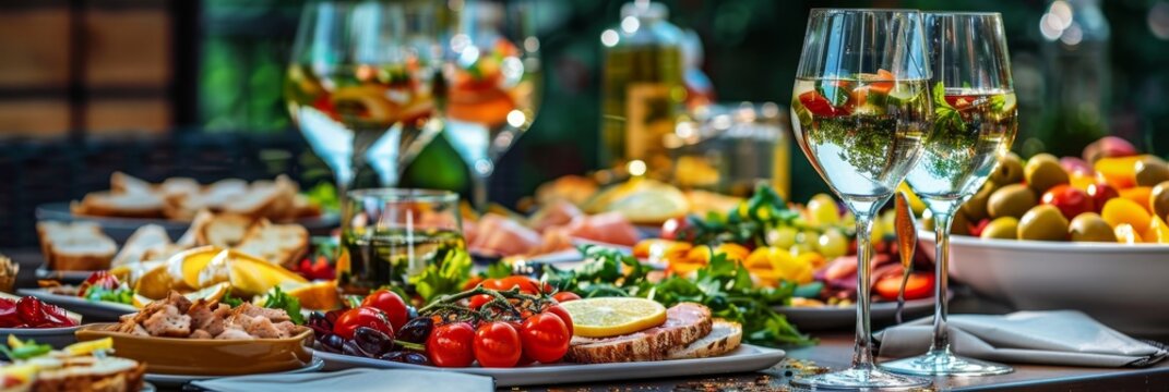 A table set for a summer gathering, showcasing a variety of delicious appetizers, including fresh salads, grilled meats, and cheeses, accompanied by glasses of white wine, symbolizing celebration, fri