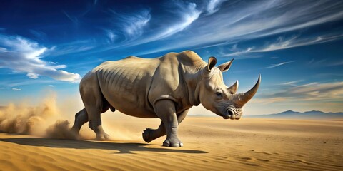 Fototapeta premium Rhino running in desert with sky background, rhino, running, desert, sky, wildlife, animal, wilderness, nature, landscape