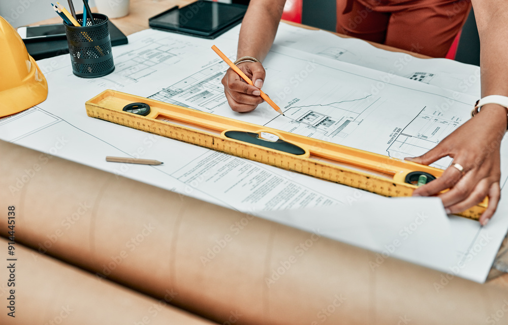 Poster Blueprint, drawing and hands of woman at desk with planning, project management and creative development. Writing, pencil and designer in architecture office for engineering, ideas and spirit level