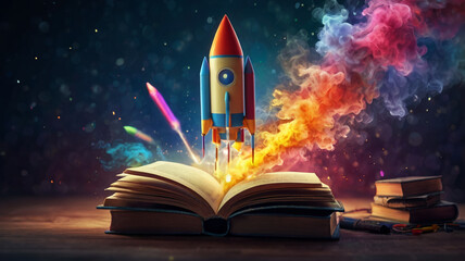 Thirst for Knowledge: Abstract Illustration of a Rocket Blasting Off from Books