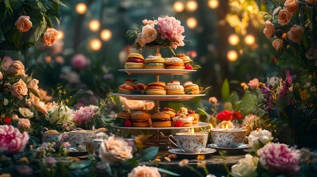 Magical British Summer Tea Party with animated characters enjoying tea finger sandwiches and scones in a charming garden