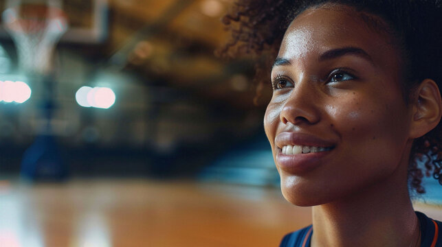 Close-Up Of A Woman Basketball Player Practicing Alone In An Empty Gym