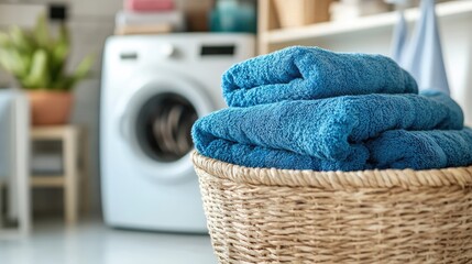 Close-up of a cozy laundry room with folded blue towels in a basket, offering a neat and inviting scene with ample copy space.