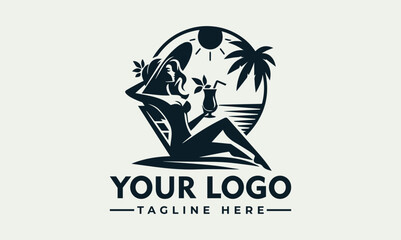 Woman palm tree beach bikini cocktail straw drinking relax vector logo Woman in bikini drinking cocktail from straw, relaxing on beach under palm tree. Ideal for travel, vacation, leisure, summer