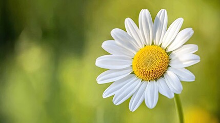 Fototapeta premium Close-up of a daisy with white petals and a yellow center, providing a bright and cheerful background with ample copy space.