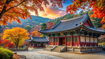 Peaceful Korean temple surrounded by colorful autumn leaves, Korean, temple, autumn, fall, foliage, leaves