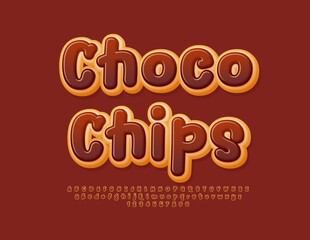 Vector tasty logo Choco Chips with delicious Font. Tasty set of Alphabet Letters and Numbers set