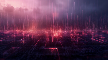 A computer generated image of a city with red lines and a pink background