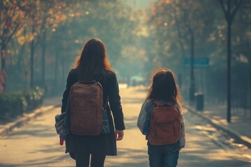 A woman and a child are walking down a street, both carrying backpacks. The woman is carrying a larger backpack, while the child has a smaller one. The scene is peaceful and calm