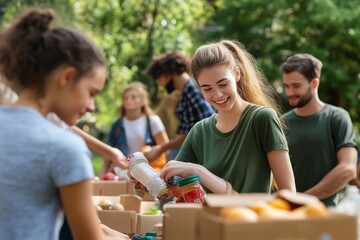Obraz premium Volunteers Organizing Food Donations in a Local Park During Sunny Afternoon