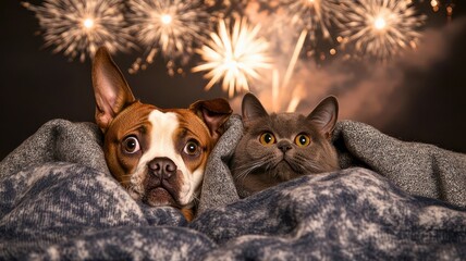 A surprised dog and cat snuggle under a blanket, scared of fireworks in the night sky. Perfect for holiday or pet-themed projects.