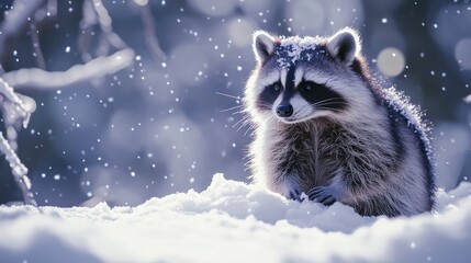 Obraz premium A raccoon searches for food in a snowy landscape, surrounded by falling snowflakes under a serene winter sky