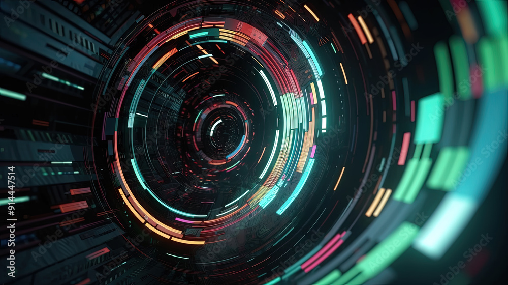 Poster Technology abstract background with hud styled round interface elements in neon tech light.