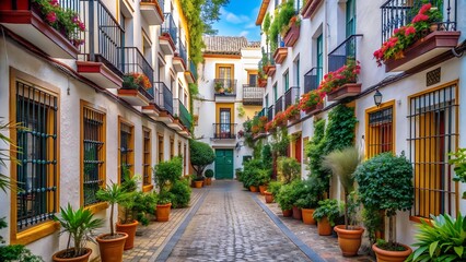 Fototapeta premium A Tapestry of Tile and Stone: A Street in Seville's Barrio Santa Cruz AI generated