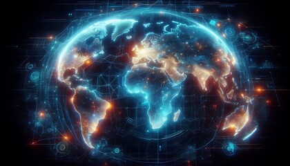 Obraz premium Futuristic world map with digital networks and glowing circuits, global connectivity, technology concept, cyber interface