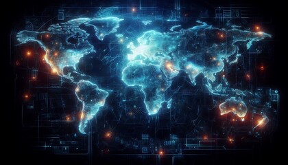 Obraz premium Futuristic digital world map with glowing circuits, global connectivity, cyber technology, tech network, virtual interface