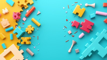 Colorful toy blocks scattered on yellow and blue background, leaving space for text or logo.