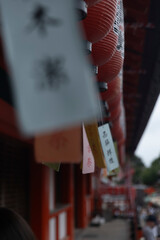 Rows of red paper japanese lanterns, hanging at a shinto shrine, Kyoto, Japan
