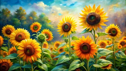 Obraz premium A Symphony of Sunflowers: A Vibrant Impressionist Garden Generative AI