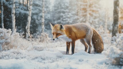 Fototapeta premium A red fox navigates through the snowy forest, surrounded by trees, as soft snowflakes fall around it