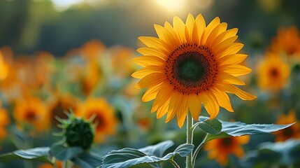 Captivating sunflower bloom with its large golden disc surrounded by a halo of bright petals its cheerful countenance evoking feelings of warmth and happiness