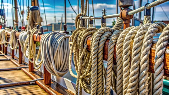 Detailed view of ropes, ties, and masts of boats, marine, nautical, sailing, rigging, equipment, wooden, seafaring, knots