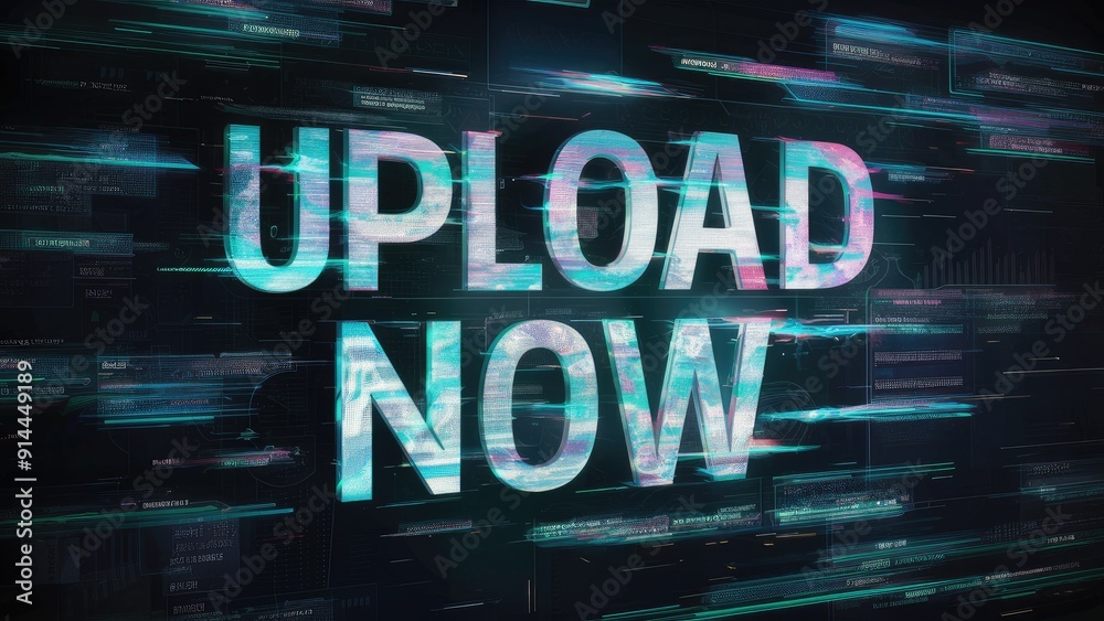Poster 3d rendering of upload now text featuring dramatic technological glitches and diverse screen interfe