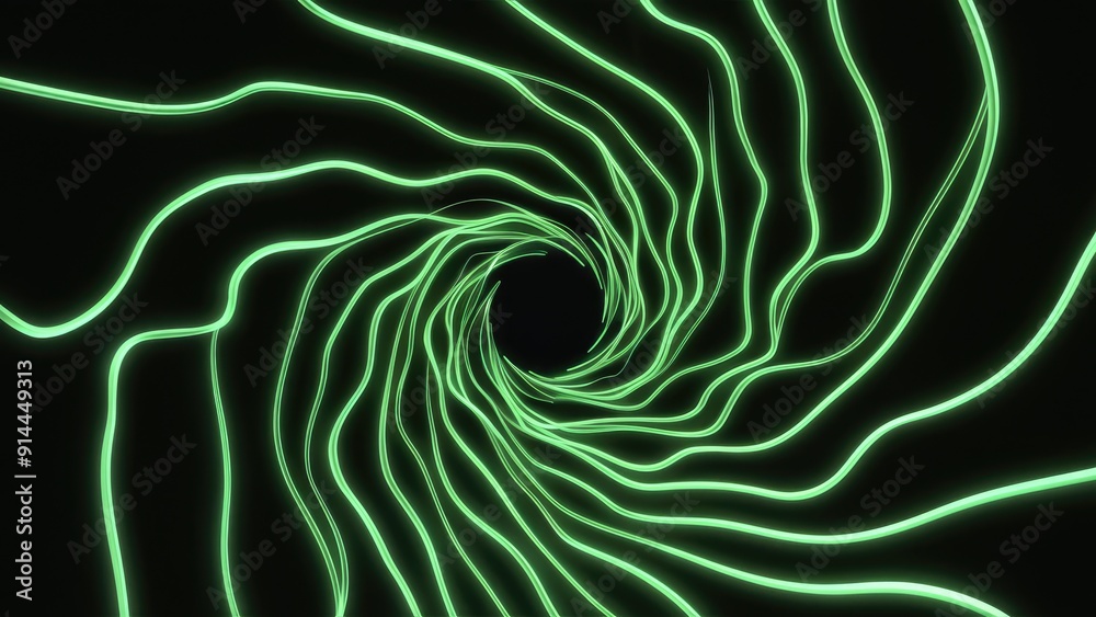 Poster 3d render of dynamic abstract vortex with wavy green neon lines against a black background featuring