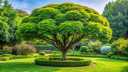 Obraz premium Lush green tree with vibrant foliage standing in a beautifully landscaped garden, nature, botanical, garden, outdoors