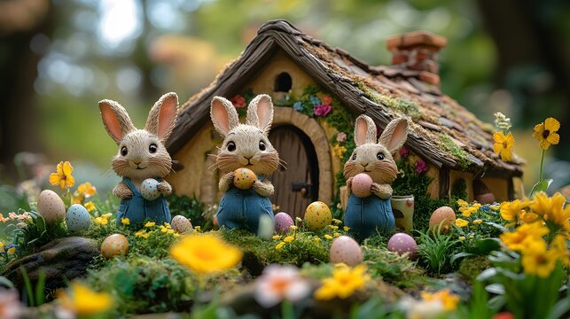 Whimsical Easter celebration in France with animated characters enjoying egg hunts colorful decorations and traditional treats