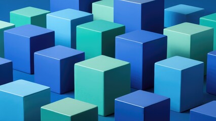 Obraz premium Multicolored geometric blocks in varying sizes and shades of blue Threedimensional cubes arranged against a blue backdrop Digital 3D rendering and illustration