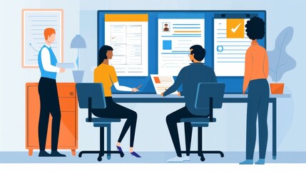 Four business professionals working together in an office, collaborating on a project, analyzing data, and brainstorming ideas.