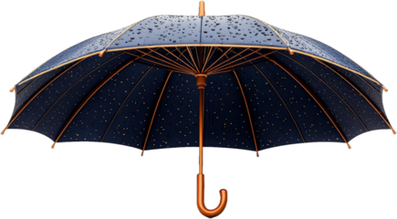 A vibrant blue umbrella with a metallic handle standing tall against a plain background